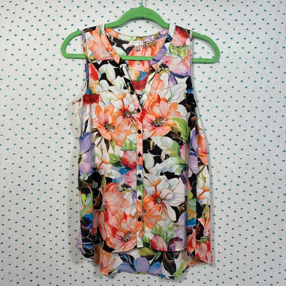 SPENSE Floral V-Neck Button Up Sleeveless Blouse